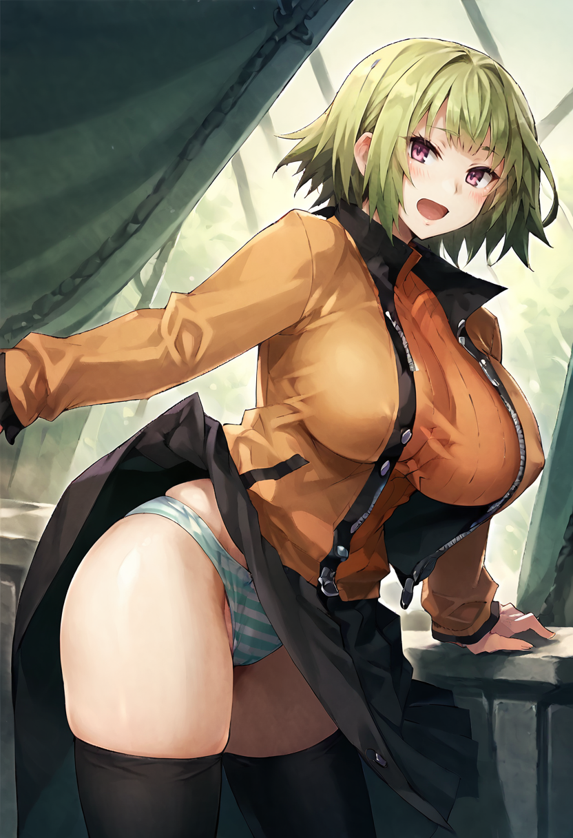 score_9, score_7_up,  1girl, 
solo, huge breasts, wide hips, thick thighs, looking at viewer, long sleeves, striped clothes, green hair, panty peek, taut clothes, thighhighs, blunt bangs, thighs, blush, underwear, closed mouth, striped panties, open jacket, jacket, from behind, smile, panties, black thighhighs, twisted torso, open clothes, open mouth, cowboy shot, ass, short hair, skindentation, breasts
 <lora:Konoe-Otsugu-Style-PonyXL-GLoRA-000046:1>