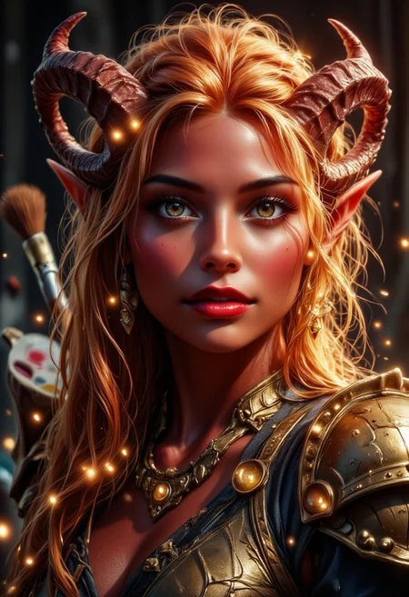 portrait of a strong beautiful tiefling artist She is body painted wearing golden plated armour. She has radiant dark red skin and expressive, glowing eyes, and long glowing bright copper flowing hair made of light.
The background features an art studio setting with various art supplies. A palette of paints is visible on the left side. A small container of magical golden glowing ink. The artist is a painting tiefling with a fine brush, only the artists hand is visible.
Jed-Tflng, brown eyes, red lips, tall female Tiefling, large red curved horns, deep red skin darkestfantasy
The image is magical, the colours are gleaming with a glowing golden sparks and highlights.aidmaMJ6.1