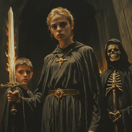 dark fantasy art style, a dramatic close-up portrait low angle shot painting of young woman, dressed in robes and adorned with a golden brooch, holds a flaming sword. Behind her stand two young men, robed, and a skeletal figure in tattered robes, in a dark gothic hall, chiaroscuro lighting, grainy, painterly texture