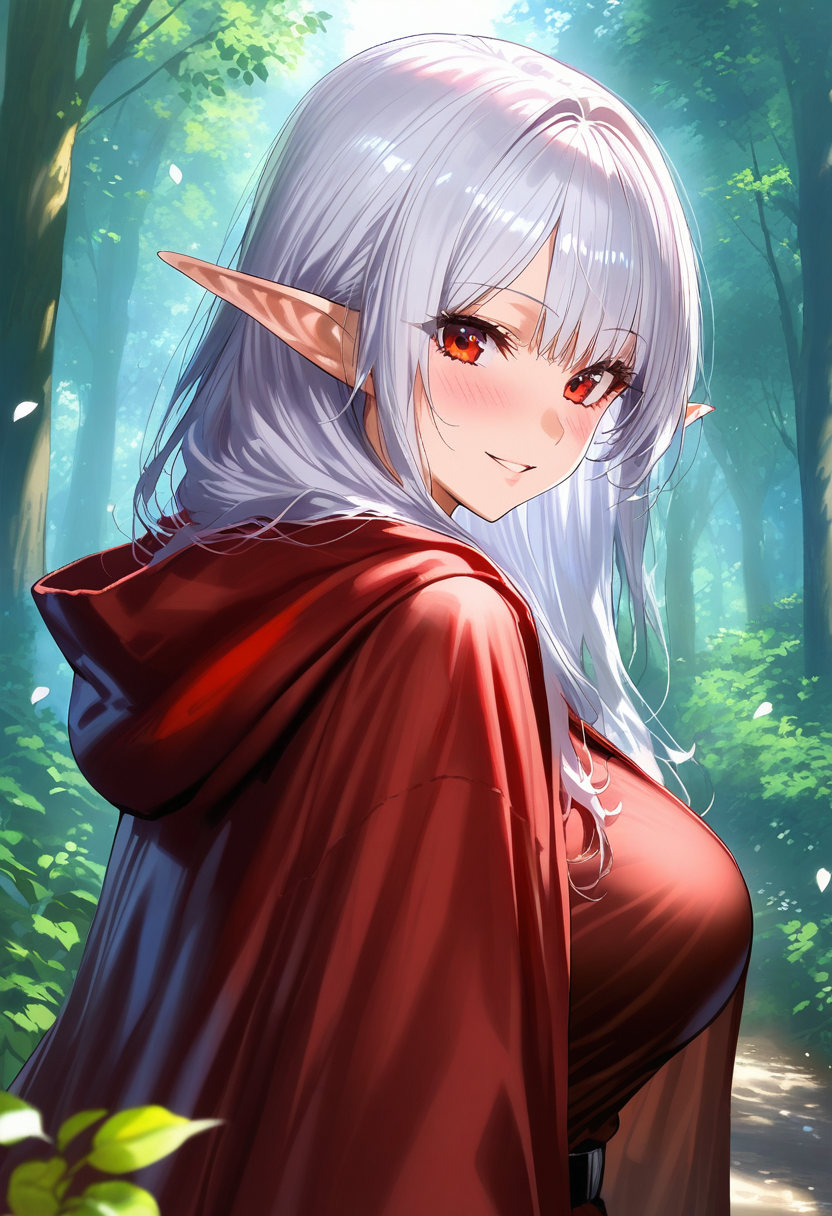 <lora:GEN 0.2v:1>, GEN,
1girl, pointy ears, solo, red eyes, smile, elf, looking at viewer, white hair, petals, long hair, upper body, outdoors, cloak, forest, hood, blush, nature, hooded cloak, cape, shirt, hood down, parted lips, looking back, day, bangs, large breasts,