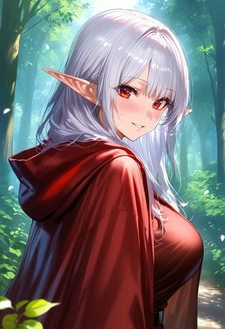 <lora:GEN 0.2v:1>, GEN,
1girl, pointy ears, solo, red eyes, smile, elf, looking at viewer, white hair, petals, long hair, upper body, outdoors, cloak, forest, hood, blush, nature, hooded cloak, cape, shirt, hood down, parted lips, looking back, day, bangs, large breasts,