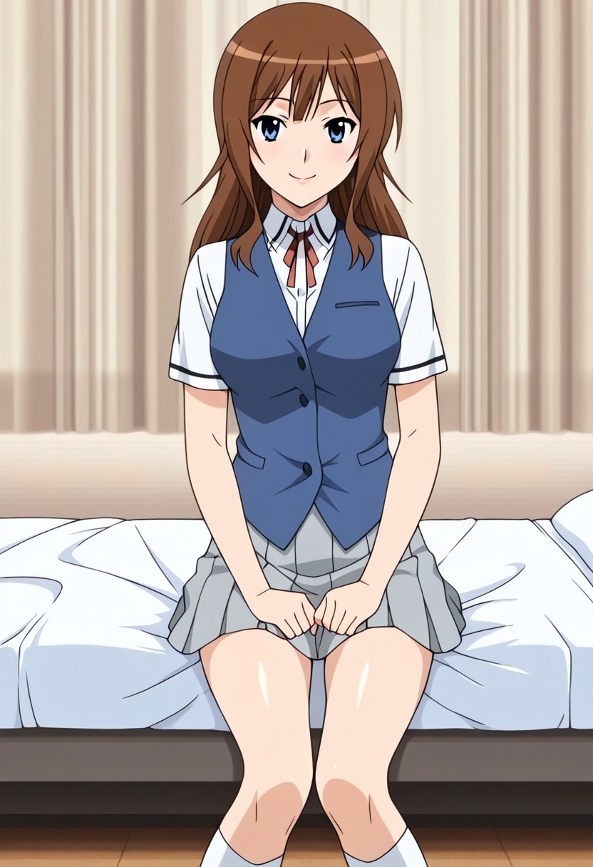 1girl, bedroom, happy, looking at viewer, BREAK, aoi ubukata joshikousei no koshitsuki anime style, long hair, brown hair, blue eyes, medium breasts, BREAK, aoi ubukata ep3 school outfit, waistcoat, blue vest, dress shirt, collared shirt, white shirt, short sleeves, neck ribbon, red ribbon, pleated skirt, grey skirt, kneehighs, white socks,