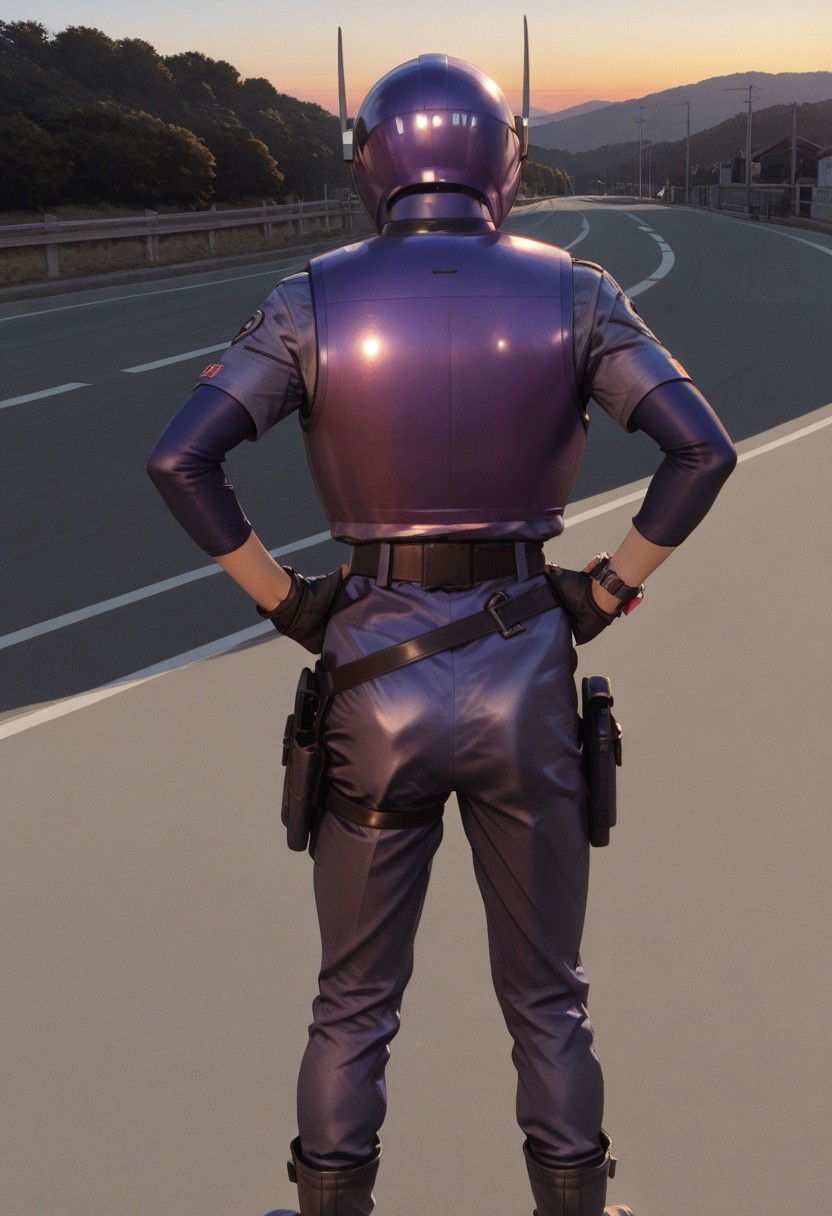 solo, 1girl, cowboy shot , 
purpl3sw4t,  BREAK
purpl3sw4t, purple_turtleneck, helmet, purple, armor, fingerless_gloves, uniform_shirt, blue_sleeves, watches, belt, boots, holster,  hands on hips, full body, from behind, text on armor, text on helmet, 071_text
outdoors, road, sunset, dramatic lighting