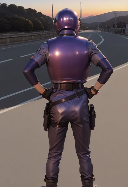 solo, 1girl, cowboy shot ,
purpl3sw4t, BREAK
purpl3sw4t, purple_turtleneck, helmet, purple, armor, fingerless_gloves, uniform_shirt, blue_sleeves, watches, belt, boots, holster, hands on hips, full body, from behind, text on armor, text on helmet, 071_text
outdoors, road, sunset, dramatic lighting