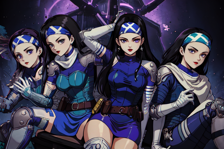 highly insanely detailed, masterpiece, top quality, best quality, highres, 4k, 8k, RAW photo, (very aesthetic, beautiful and aesthetic),  
beth_\(megami_tensei\),bethsmtii,shin megami tensei ii,long hair,black hair,straight hair,sleek black,jewelry,cross,headband,red_lipstick,belt,belt pouch,armored_pads,armored_gloves,knee_pads,armored boots,katana,sword,Tokyo_Millennium,post-apocalyptic_city,dystopian_world, 
<lora:zs_Beth:0.8>, 
(1girl:1.3), 1other, 
news anchor in front of big screen,facing viewer,back screen is big which is from the floor to ceiling and left to right,(pure purple background,transparent background:1.2),âââ