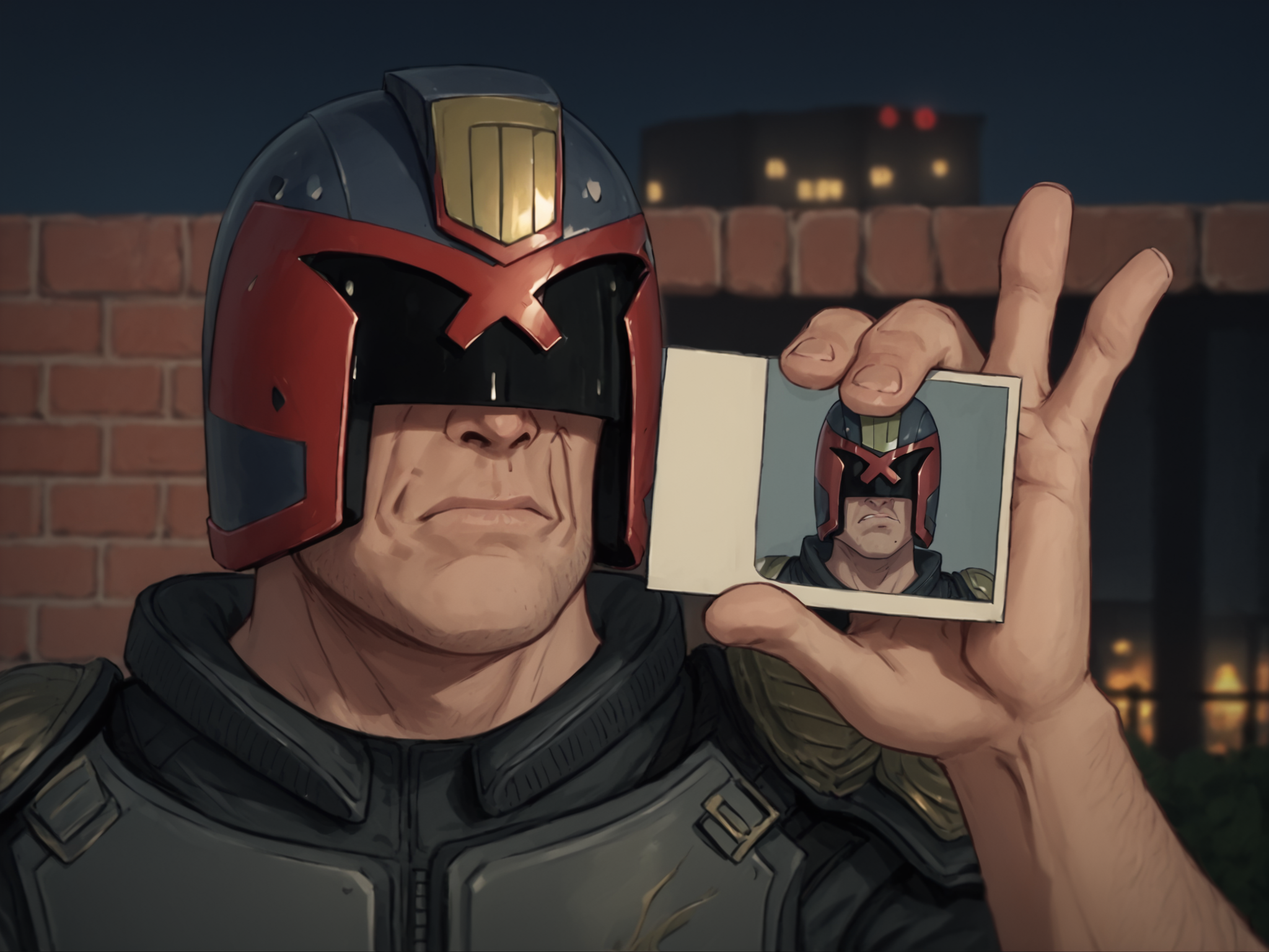 score_9, score_8_up, score_7_up, score_6_up, score_5_up, score_4_up, outside, city, night, brick wall BREAK
<lora:KronkPermit-000006:0.8> <lora:Judge_Dredd_-_2012_v2_Pony_SDXL:1> holding permit, kronkface, angry, human, male, jdgdrdd, helmet, armor