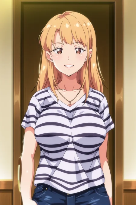 anime screencap, anime coloring, detailed face, masterpiece, best quality, very aesthetic, absurdres, volumetric lighting,
inside a house,
 <lora:Aika_Sano_Ane_wa_Yanmama_Junyuu-chuu:1>
Aika Sano, 1girl, solo, blonde hair, long hair, brown eyes, stud earrings, large breasts, jewelry, necklace, striped clothes, striped shirt,  jeans, denim, looking at the viewer, grinning, mouth open, cowboy shot