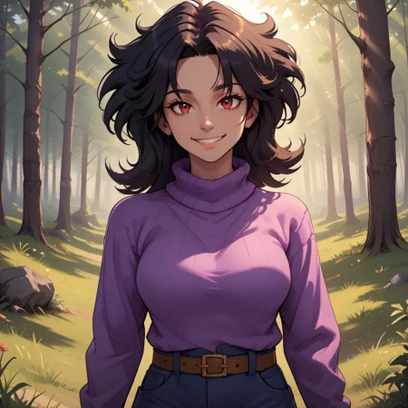 score_9, score_8, BREAK, solo, Sarah Henderson, messy hair, black hair, red eyes, purple sweater, pink strip, belt, blue pants, sexy pose, self portrait, smile, outdoors, sunlight, shadows, evening lighting, natural lighting, forest, trees, grass, orange sky, sunset