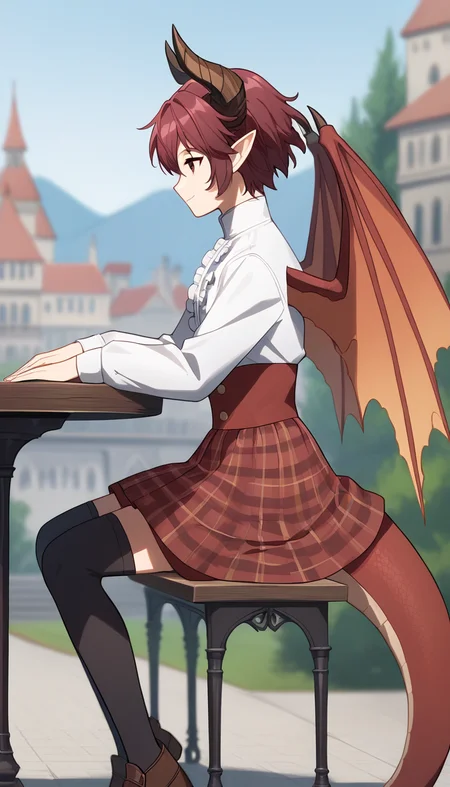 score_9, score_8_up, score_7_up, source_anime, source_furry, rating_safe, grea, 1girl, dragon girl, uniform scale pattern, dragon wings, dragon tail, dragon horns, pointy ears, short hair, black thighhighs, long sleeves, closed mouth, white shirt, frills, blurry background, red skirt, plaid skirt, slight smile, sitting on bench, table, outdoors, medieval city background, evening, from side, profile