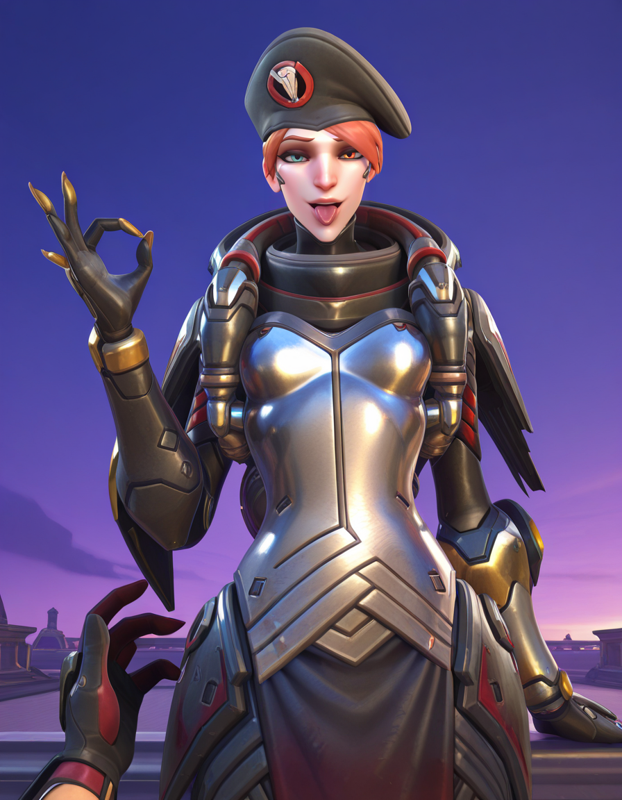 Masterpiece, high-res, 2k, best quality, 3d, solo focus,blackwatch moira, moira (overwatch), heterochromia,Elegant Gesture with One Hand Raised: Raise one hand with an elegant gesture as if inviting the viewer into your world exuding sophistication and grace.<lora:Blackwatch_moira_Illus-000043:1>