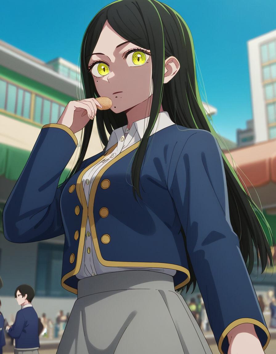 score_9, score_8_up, score_7_up, source_anime, <lora:frill-shiranui-s1s2-ponyxl-lora-nochekaiser:1>, frill shiranui, long hair, bangs, black hair, green eyes, yellow eyes, green hair, mole, mole under eye, mole under mouth, medium breasts,, shirt, jacket, white shirt, collared shirt, blue jacket, long sleeves, skirt, grey skirt,, street market, vendor, street food, bustling crowd, local flavor, vibrant, , looking at viewer, from below, solo,, cowboy shot, dutch angle,