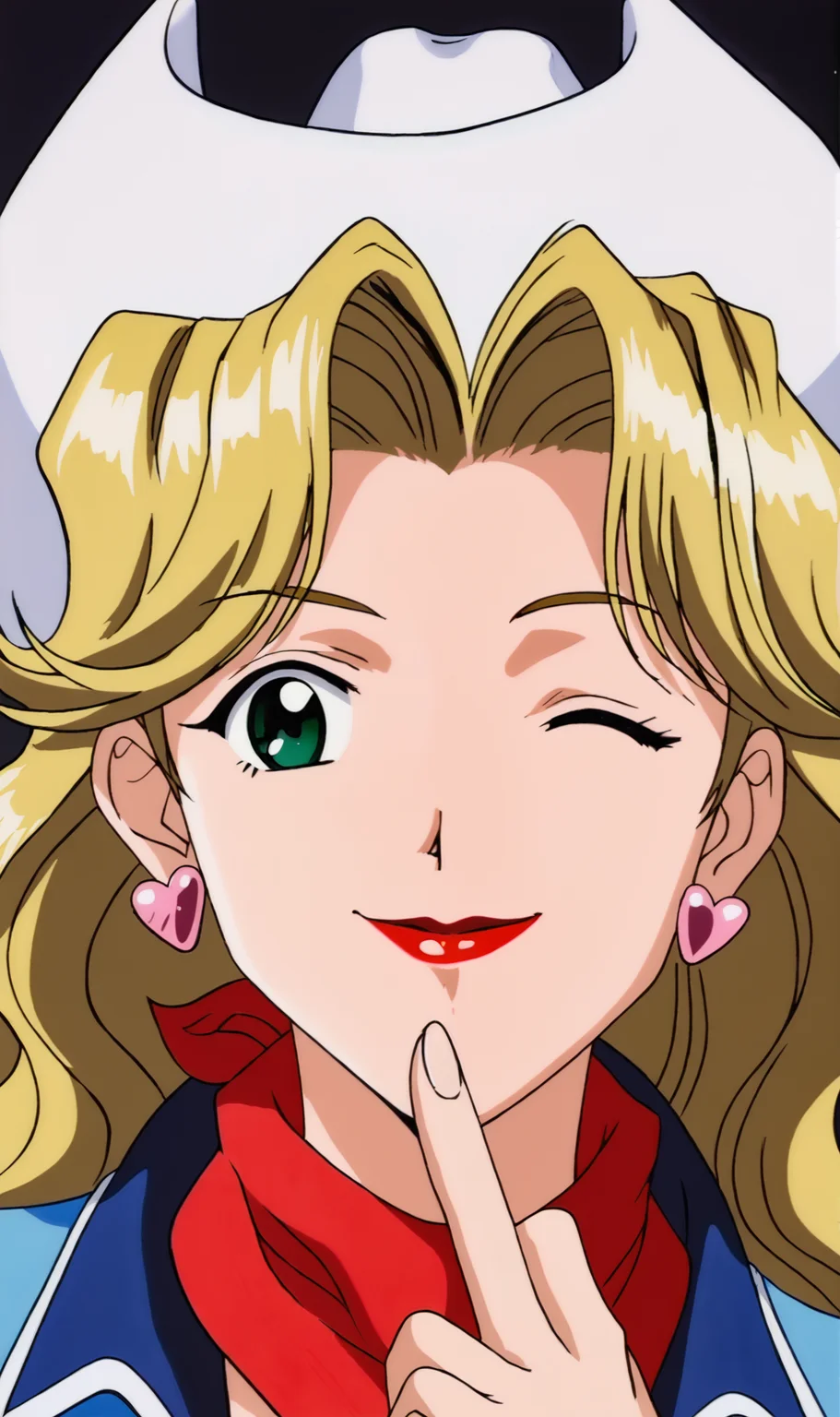 Judy, 1girl, solo, retro artstyle, blonde, long hair, green eyes, lipstick, heart earrings, cowboy hat, red scarf, blue open center jacket, looking at viewer, smile, wink, finger on chin, portrait, blank background, black background,<lora:Judy Pony XL:0.8>