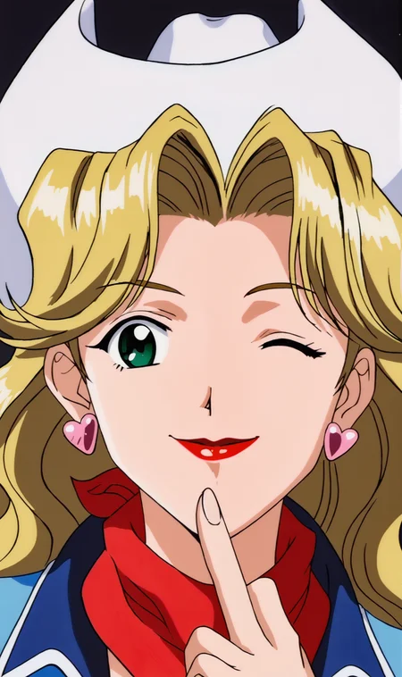 Judy, 1girl, solo, retro artstyle, blonde, long hair, green eyes, lipstick, heart earrings, cowboy hat, red scarf, blue open center jacket, looking at viewer, smile, wink, finger on chin, portrait, blank background, black background,<lora:Judy Pony XL:0.8>