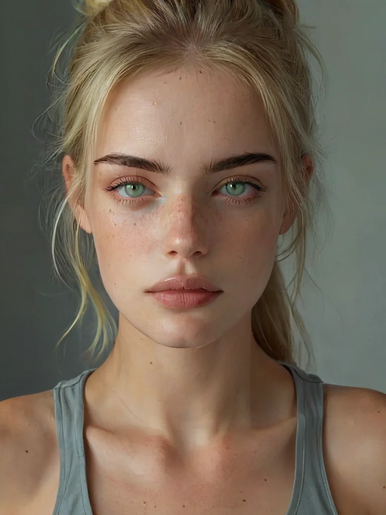oil portrait of a pretty woman, 4ng3l face, beautiful girl, skinny, tank top, full lips, green eyes, black brows, freckles, blonde hair, straight hair, detailed skin, cinematic, great shading, moody lighting, neutral background, (by Lucian Freud:0.5), style of Jane Newland