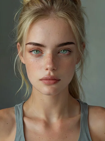 oil portrait of a pretty woman, 4ng3l face, beautiful girl, skinny, tank top, full lips, green eyes, black brows, freckles, blonde hair, straight hair, detailed skin, cinematic, great shading, moody lighting, neutral background, (by Lucian Freud:0.5), style of Jane Newland