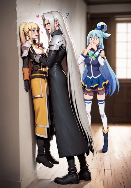 score_9, score_8_up, score_7_up, score_6_up, BREAK
MEME_lauren_phillips_lifting_alice_merchesi_ownwaifu, castle interior, dark background,
lauren phillips lifting alice merchesi \(meme\),
1boy, 1girl, looking at another, blush, eye contact, height difference, smile, standing, against wall, open mouth, full body, indoors, high heels, boots, hand on another's shoulder, confused face, questioning, ?, ? callout
<lora:Sephiroth_-_Pony_v2:1>, shoulder armor, long gray hair, sephiroth from final fantasy,
<lora:lalatina-dustiness-ford-s2-ponyxl-lora-nochekaiser:0.8>, darkness \(konosuba\), long hair, green eyes, blonde hair, hair ornament, ponytail, braid, x hair ornament, gloves, armor, bodysuit, shoulder armor, armored dress,
<lora:PONYXL_LaurenPhillipsLiftingAliceMerchesi_ownwaifu:0.3> , depth of field,,
<lora:Walk-in_caught_by_Fire_Keeper:1>, <lora:konosuba-aqua-s2-ponyxl-lora-nochekaiser:0.8>, aqua \(konosuba\), long hair, blue eyes, hair ornament, very long hair, blue hair, hair rings, single hair ring, hair bobbles, skirt, shirt, thighhighs, bare shoulders, detached sleeves, white thighhighs, blue skirt, blue shirt, green bow, looking at viewer, from front, shocked, short woman,
detailed eyes, <lora:Realistic_2.5DAnime_Merge1:0.5>, <lora:princess_xl_v2:0.3>, sunset, bokeh, depth of field, body freckles, freckles,