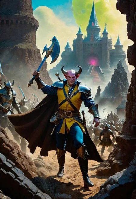 A hyperrealistic 8k photograph was captured by Sid Avery's Hasselblad camera, depicting close-up a handsome+ Tiefling shield bearer with pink+++ skin and slender build during a battle+++, surrounded by goblins++, He has a bald head, neon yellow eyes, calm++ and handsome+ and detailed face, cold smile++, mysterious and ominous aura of dark shadows enveloping the figure, Lovecraftian Horror-themed, in the artistic style of Boris Vallejo, Shadows casting an uncanny atmosphere, hints of eldritch dark energy crackling, He is dressed in a musketeer outfit, high details and era-appropriate, He is wielding a magically radiating+ Backsword+ in the right hand, and he is holding a steel shield+++ in the left hand, Backdrop (background) of a focused scene of a battle with goblins next to a crystal palace, Mysterious composition, imbued with a dark, ambient 3d warm studio backlight.