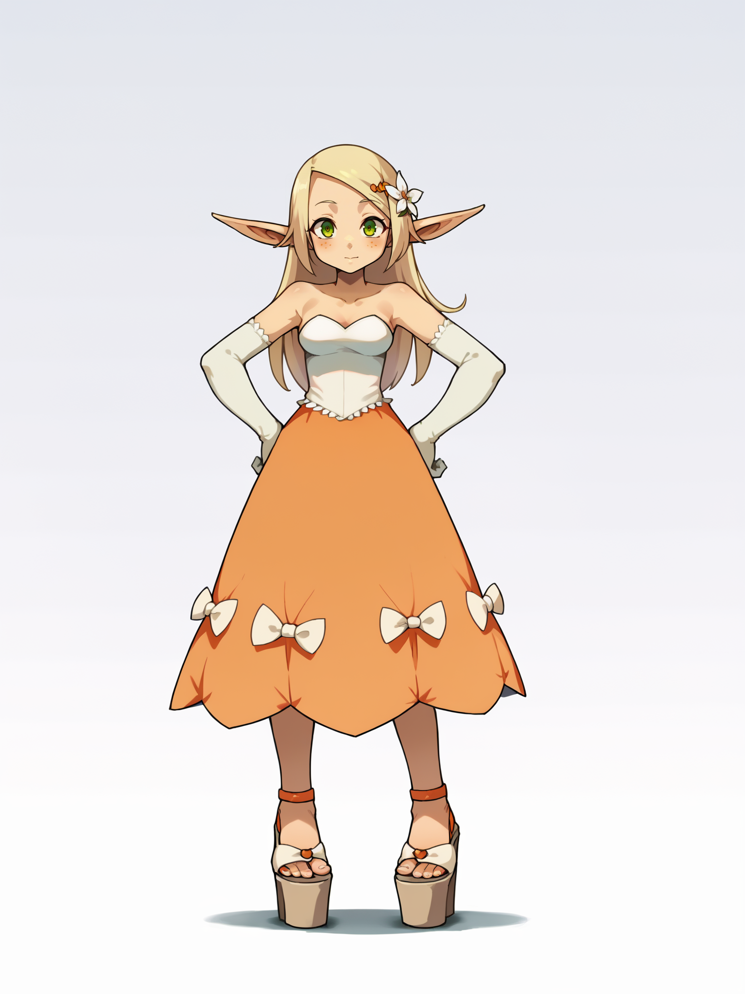 score_9, score_8_up, score_7_up, score_6_up, score_5_up, score_4_up, BREAK, source_cartoon, source_anime,  1girl, evangelynedress, blonde hair, long hair, hair flower, hair ornament, green eyes, bare shoulders, strapless, dress, orange skirt, white elbow gloves, elf,  high heels, platform footwear, sandals, hands on hips, looking at viewer, simple background  <lora:EvangelyneXL:1>