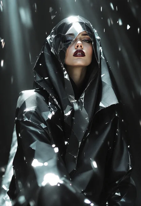 Shards of Light, A model shrouded in stark, structured attire—blacks, whites, and flashes of silver, like shards catching light in an abstract landscape. The look is minimalist but provocative, her gaze direct yet softened by shadows that fall in rhythmic patterns across her face. In the background, soft beams of light fall like glass, casting an ethereal quality to the scene. Her presence is magnetic, a blend of fragility and defiance, embodying both the future and the present.