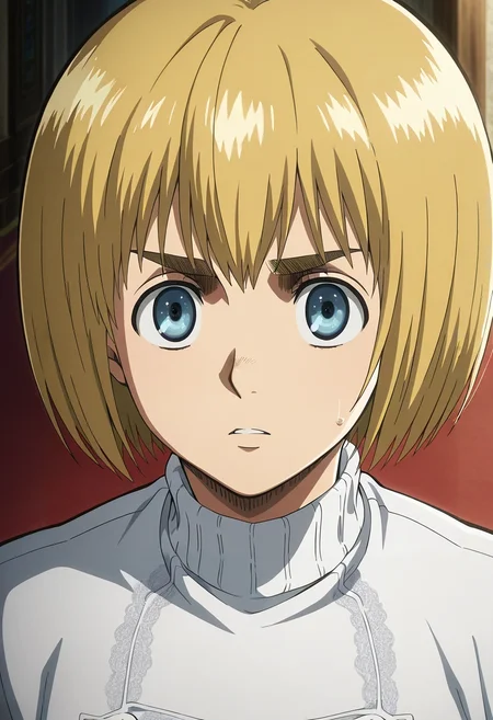 masterpiece, best quality, intricate details, anime screencap, , official style, looking at viewer, , 1boy, solo, male focus, <lora:armin_arlert_ilxl:0.92>, armin_arlert, blonde hair, blue eyes, short hair, bob cut, , , , turtleneck,