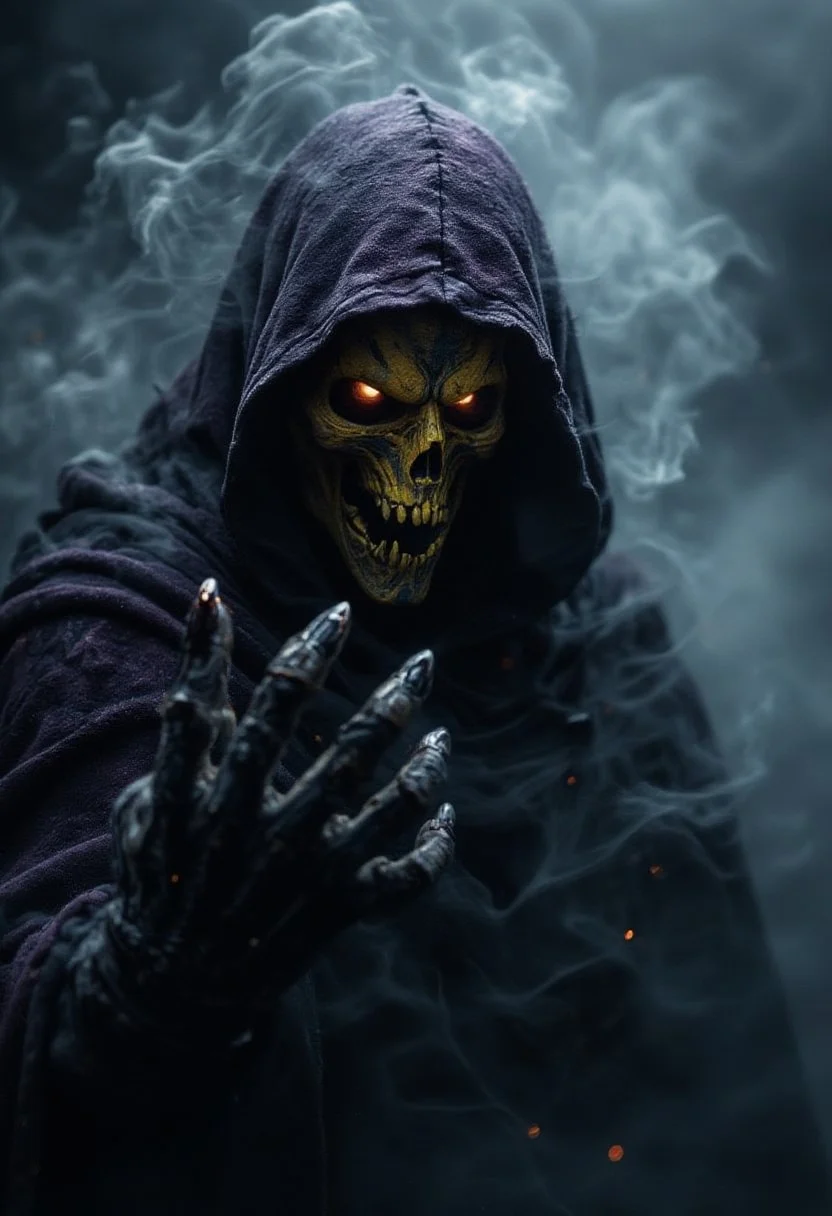 horror show, monster, nightmare, fear, Cinematic style
"A dark, hooded figure stands in the midst of thick fog. The creature's eyes glow with hellish fire, as if the darkness itself is pouring through them. Its face is covered in shadow, but from beneath the dark purple hood, a vicious yellow skull can be seen, twisted with malice. A clawed hand reaches forward, as if calling or cursing. Magical energy swirls around it, like smoke, poisoning the air with an ominous aura. This creature is an embodiment of horror, a creature of deep nightmares, guarding the secrets of an ancient curse."