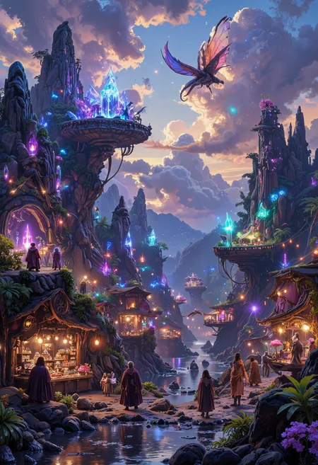 in the style of ck-ovf, A vibrant market suspended on floating islands in a twilight sky, with colorful stalls, exotic creatures, and merchants from otherworldly lands. Iridescent crystals float around, casting rainbow-colored light across the bustling scene. The faint glow of a magical aura surrounds the islands, illuminating winged beings that dart between the stalls, creating an awe-inspiring atmosphere of wonder and adventure.<lora:ck-OneViolentFantasy-000021.safetensors:0.6:0.6>