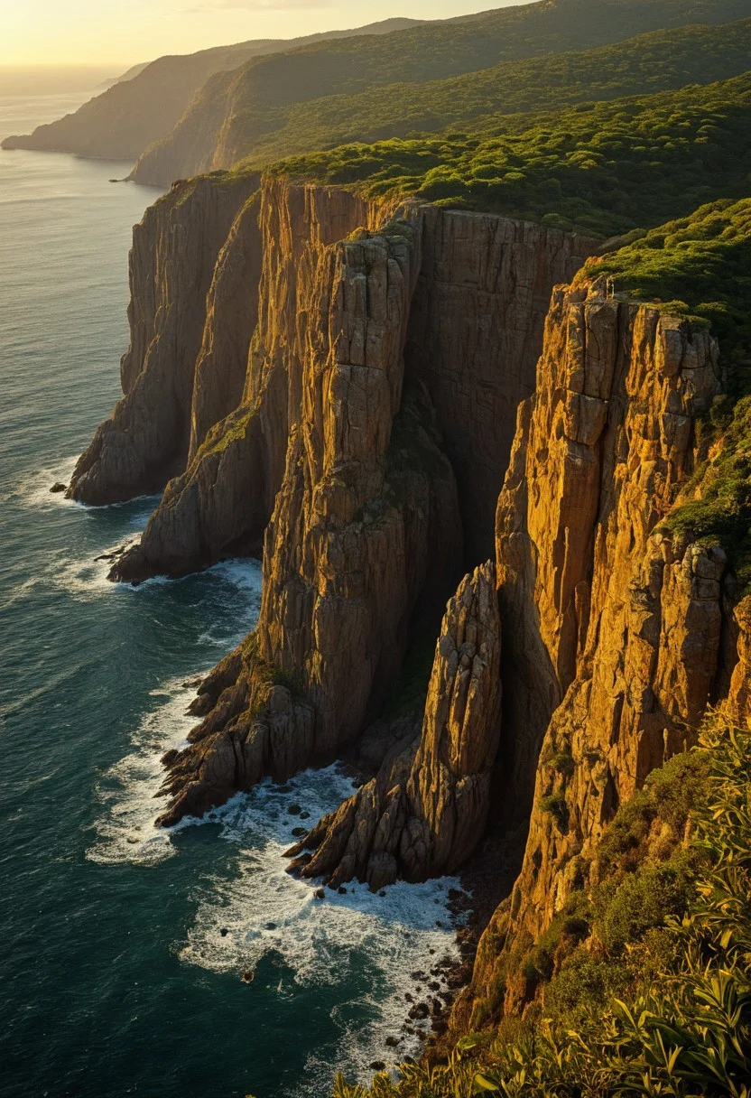 Majestic Cliffs Overlooking the Ocean
Towering, rugged cliffs draped in lush greenery rise above a vast, tranquil ocean. Roberto Bernardi’s hyper-detailed textures bring the rocky formations to life, revealing every crack and crevice. The Hudson River School’s epic grandeur infuses the landscape, capturing the sweeping beauty and scale of the scene. Ivan Fedorovich Choultsé adds a golden glow from the late afternoon sun, casting a warm light over the cliffs and ocean, enhancing the serene yet majestic atmosphere. The blend of detail, light, and scale creates a breathtaking coastal view.
detailmaximizer, aidmaMJ6.1, Movie Still, Film Still, Cinematic, Cinematic Shot, Cinematic Lighting, detailxl, flux-style, midjourneyv6.1