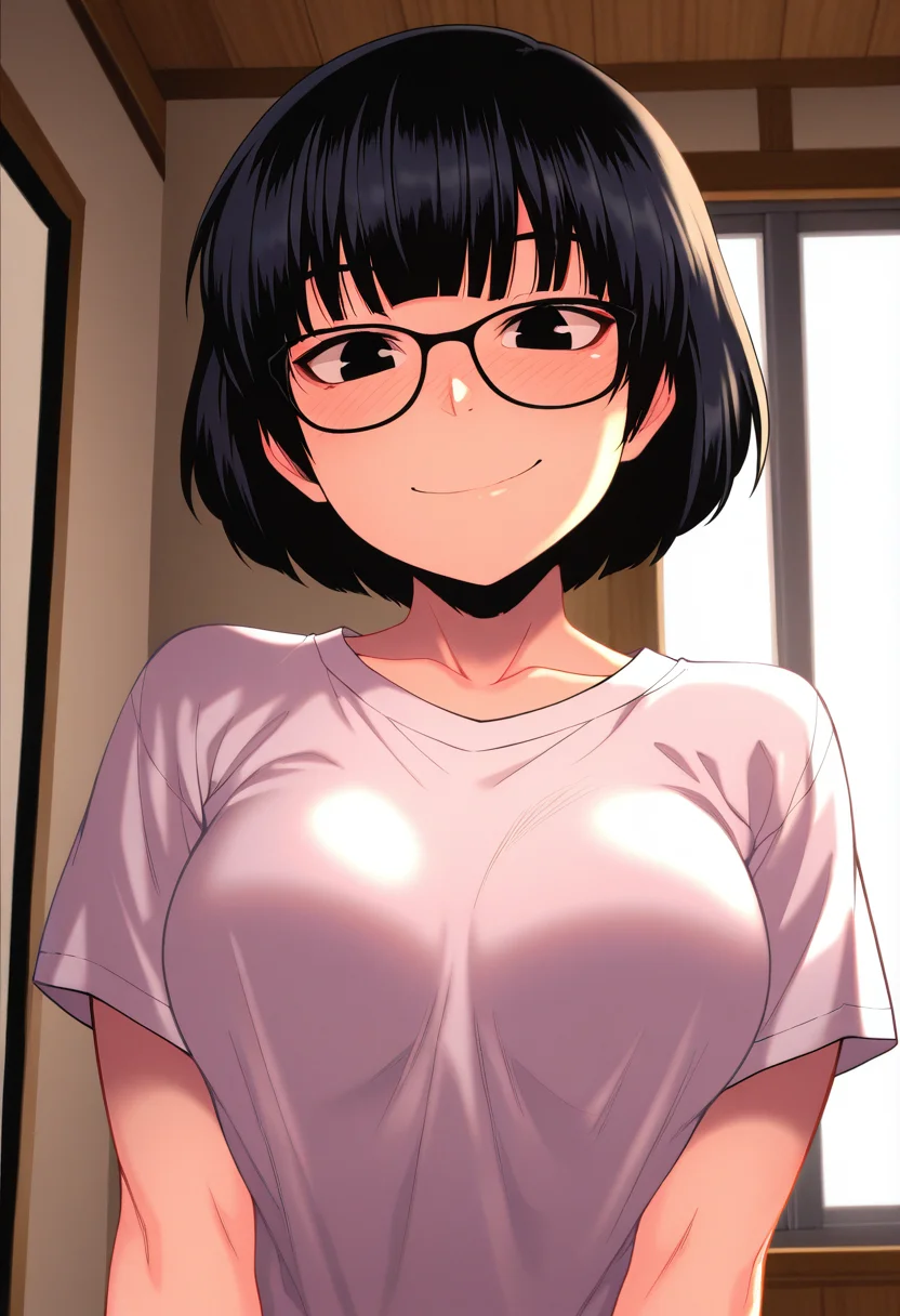 masterpiece, best quality, amazing quality, 1girl, solo, (portrait:1.2), ayakaww, jimiko, black eyes, black hair, medium hair, glasses, medium breasts, black-framed eyewear, t-shirt, looking at viewer, smile, indoors, day, skindentation, detailed clothing folds, depth of field, sharp, high contrast, dynamic light <lora:Koroue_Ayaka_Killer_Queen_ill:0.9>