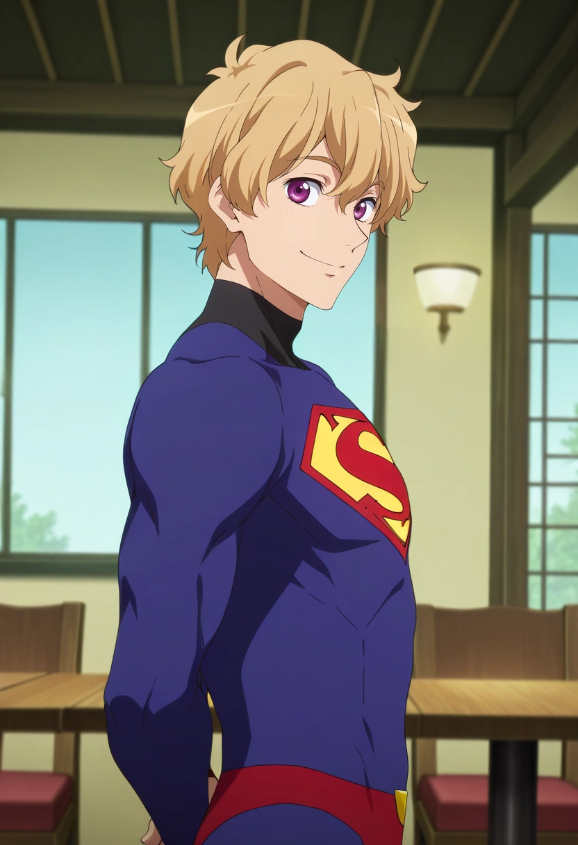 masterpiece, best quality, intricate details, anime screencap, anime coloring, official style, looking at viewer, 1boy, solo, male focus, <lora:nagisa_hazuki_ilxl:0.92>, nagisa_hazuki, blonde hair, purple eyes, from side, restaurant, midnight, arms behind back, happy, superman costume