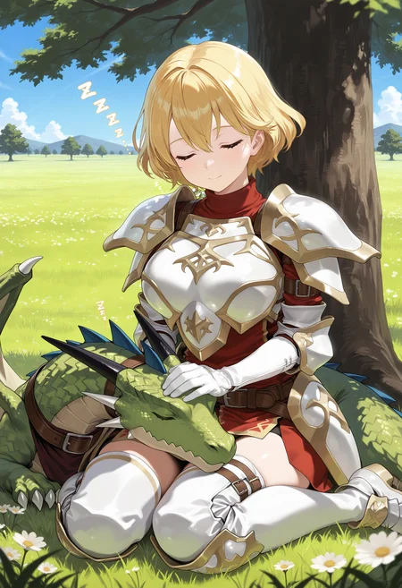 SmoothNoob_Quality,masterpiece,outdoors,field,tree,full body,1girl,1other,solo,large breasts BREAK wyvern rider,knight,green dragon,dragon wing,breastplate,shoulder armor,pegasus knight uniform \(fire emblem\),<lora:wyvern rider-NAI:0.9>,<lora:NOOB_vp1_detailer_by_volnovik_v1:1>,wariza,smile,closed eyes,sleeping,zzz,