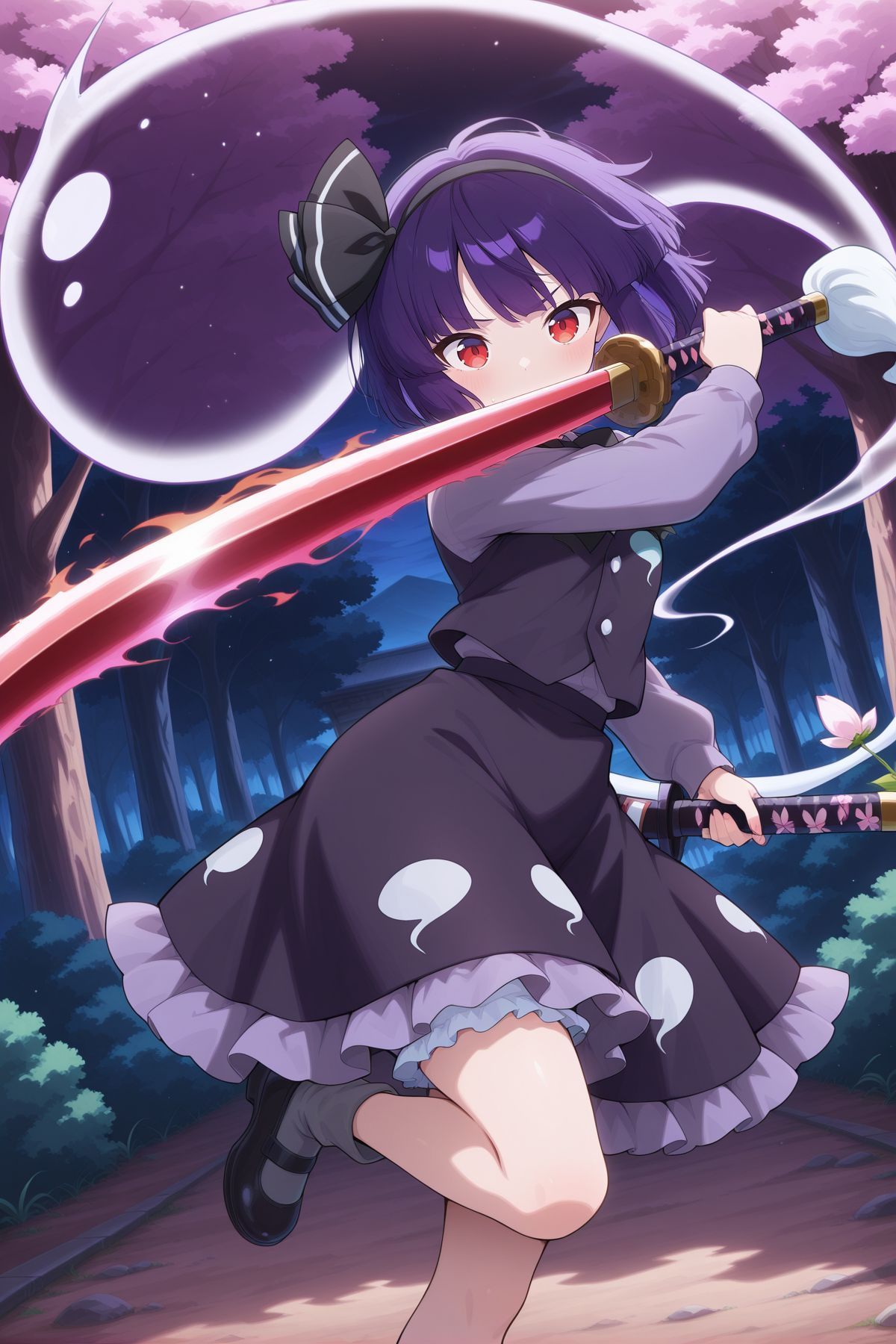 absurdres, highres, masterpiece, best quality, amazing quality, official anime artwork, screencap, anime screencap, outdoors, looking at viewer, dynamic pose, 
<lora:Youmu-Konpaku_IllustriousV2:1> konpaku youmu, 1girl, solo, red eyes, purple hair, short hair,, konpaku youmu \(mysterious sword master\), alternate color, alternate hair color, black hairband, black bow, black bowtie, black vest, grey shirt, long sleeves, black skirt, frilled skirt, grey socks, black shoes, holding sword, ghost,