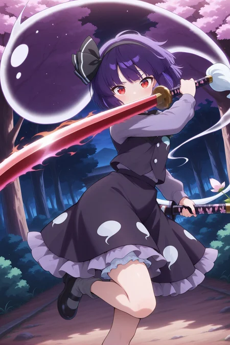 absurdres, highres, masterpiece, best quality, amazing quality, official anime artwork, screencap, anime screencap, outdoors, looking at viewer, dynamic pose, 
<lora:Youmu-Konpaku_IllustriousV2:1> konpaku youmu, 1girl, solo, red eyes, purple hair, short hair,, konpaku youmu \(mysterious sword master\), alternate color, alternate hair color, black hairband, black bow, black bowtie, black vest, grey shirt, long sleeves, black skirt, frilled skirt, grey socks, black shoes, holding sword, ghost,