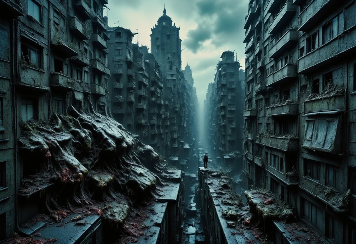 high quality, 8K Ultra HD, This artwork envisions a metropolis where elements of nightmarish surrealism converge into a scary, gore, horror scene, Escher's influence is subtly incorporated, transforming the city into an intricate, mind-bending spectacle, Stark contrasts between light and dark enhance the dreamlike quality of the scene, creating an unsettling yet captivating urban horrific dreamscape, photorealistic, ultra realistic
