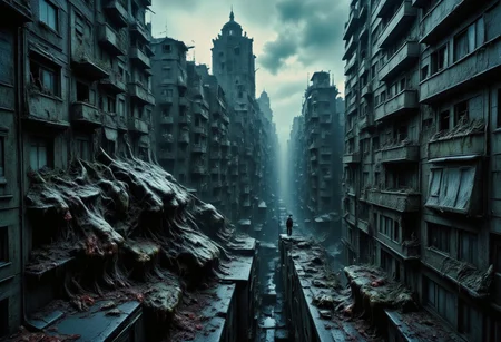 high quality, 8K Ultra HD, This artwork envisions a metropolis where elements of nightmarish surrealism converge into a scary, gore, horror scene, Escher's influence is subtly incorporated, transforming the city into an intricate, mind-bending spectacle, Stark contrasts between light and dark enhance the dreamlike quality of the scene, creating an unsettling yet captivating urban horrific dreamscape, photorealistic, ultra realistic