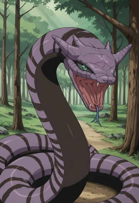 masterpiece, best quality, solo, Naruto_Manda, snake, slit pupils, green eyes, purple body, body markings, black eye markings, 2 pair of horns, black belly scales, open mouth, fangs, forked tongue, blue tongue, hissing, cowboy shot, forrest, dynamic pose, hanging from a tree, curled up, blep,legless,armless