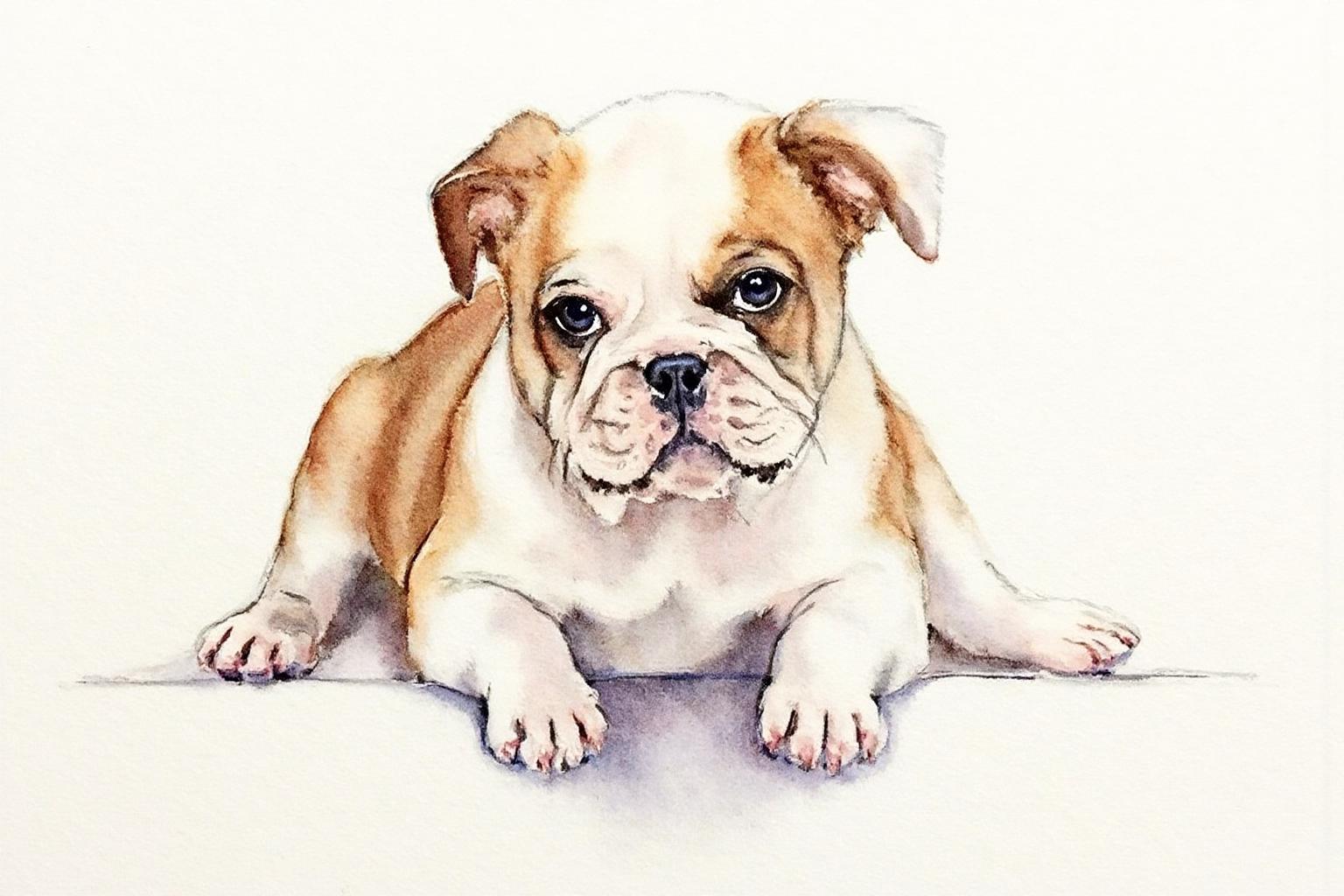 watercolor. 
A young bulldog puppy lying down with its front legs stretched out in front of it, resting on a smooth, light-colored surface.
 <lora:watercolor1_nbm_cap_d6a3e12:1.0><lora:838771297459839777:0>