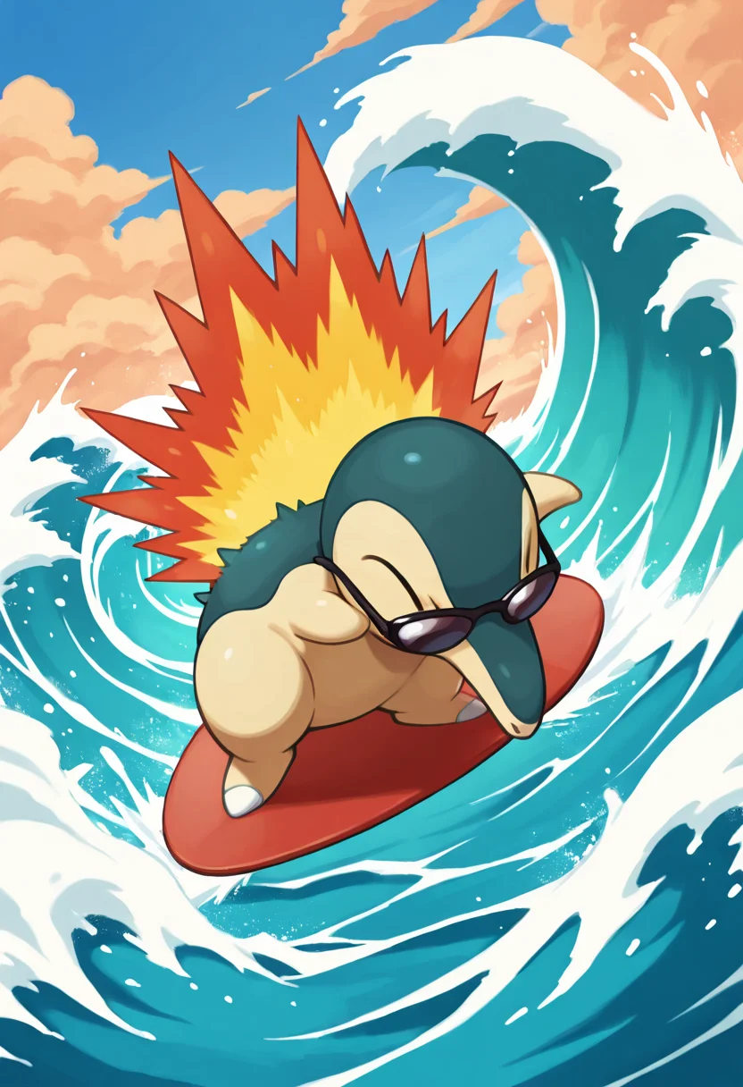 masterpiece, best quality, no humans, solo, zzCyndaquil, surfing, ocean, wave, sunglasses, ,<lora:CyndaquilPokedex_IXL:1.0>,
