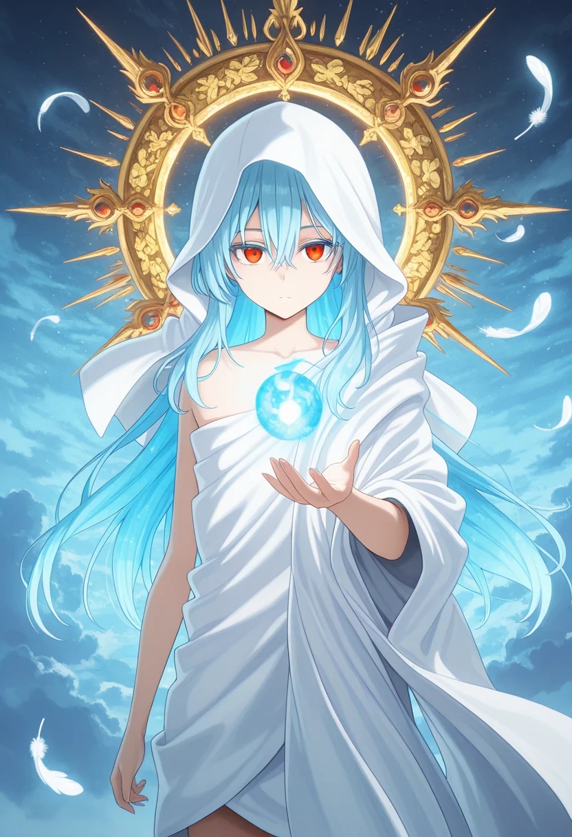 radiant reflections, rich color tones, cinematic ambiance, shimmering gradients, ethereal glow,
colorful, vibrant, very aesthetic, masterpiece, best quality, detailed background, absurdres, divine presence,
<lora:raphael-v1-000009:1> ts-raphael, 1other, white hooded_robe, right bare shoulders, red eyes, falling feathers, androgynous, reaching towards viewer,