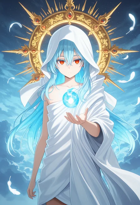 radiant reflections, rich color tones, cinematic ambiance, shimmering gradients, ethereal glow,
colorful, vibrant, very aesthetic, masterpiece, best quality, detailed background, absurdres, divine presence,
<lora:raphael-v1-000009:1> ts-raphael, 1other, white hooded_robe, right bare shoulders, red eyes, falling feathers, androgynous, reaching towards viewer,