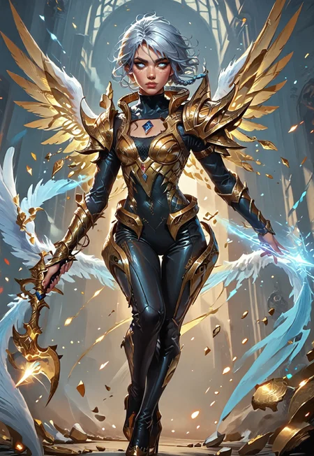 ((zPDXL3)), ((masterpiece,best quality, highly detailed)), ((score_9)), score_8_up, score_7_up, score_6_up, score_5_up, score_4_up, Digital painting style, brushstrokes, ((EnhanceImage)), solo, 1girl, DBRiven, silver hair, golden armor, black bodysuit, bodysuit, golden shoulder armor, sidebraid, silver eyes, cleavage, short hair, gold shoes, heels, wings, angel wings, blue hand, sword, Expressiveh, tanned-skin, 30yo, adult lustful confident woman, petite, slender body, perky saggy natural breasts, full lips, bangs, sidelocks, straps,
chinese magical sorceress, animated, swirling magic, wisps of magic, dancing pose, tight squeezed outfit, magical accessories, evoking motion, conveying motion, dynamic splash art,
<lora:PainterlyFantasiaPDXL:0.6>,