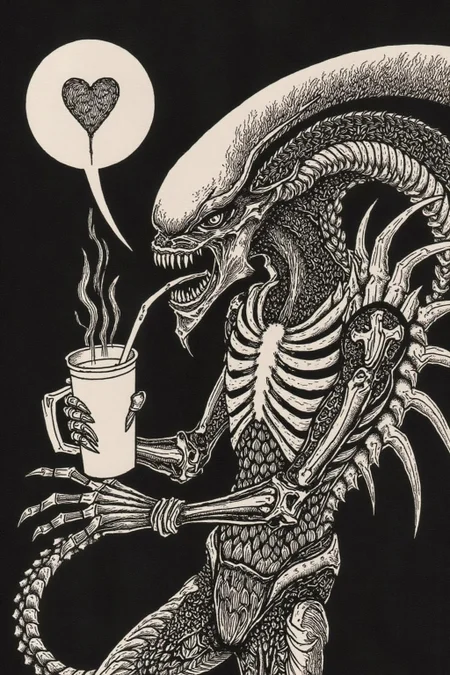 aubreybeardsley1 illustration.
xenomorph is grabbing a starbucks mug, black background, vivid, terrifying, growling, scary, dark mood, speech bubble heart,  <lora:aubreybeardsley3_cap_d6a3e12:1.0><lora:844806984935987888:0>