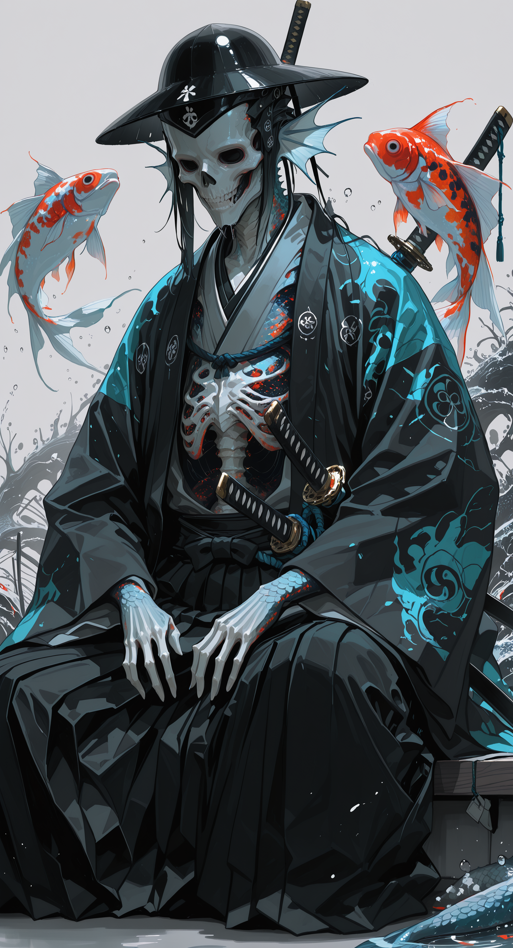 masterpiece, best quality, good quality, very awa, newest, highres, absurdres, solo, hat, sitting, weapon, japanese clothes, sword, wide sleeves, grey background, kimono, mask, katana, 1other, sheath, hakama, hakama skirt, fish, monster, sheathed, fins, scales, haori, head fins, skeleton, goldfish, black hakama, samurai, koi, limited palette, h4ra_illu <lora:illustriousXL_stabilizer_v1.23:0.3> <lora:NOOB_vp1_detailer_by_volnovik_v1:0.3> <lora:ponyv6_noobE11_2_adamW-000017:0.3> <lora:114558v4df2fsdf5:0.6> <lora:XXX667:0.4> <lora:-_iLL_-_the_edgy_mech_V2.0-:0.8>