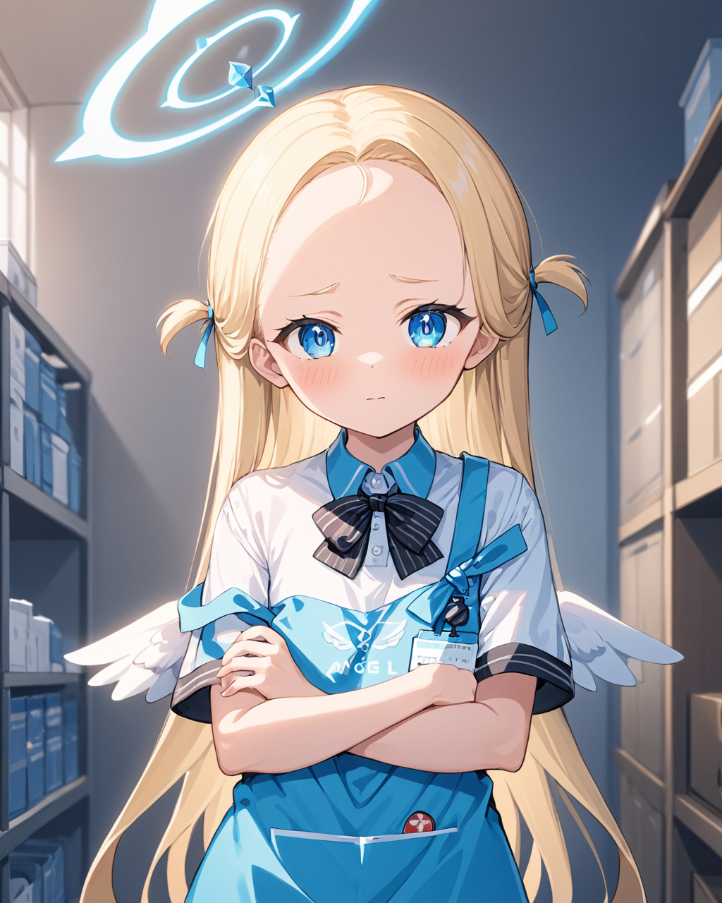 sora \(blue archive\),1girl, solo, halo, two_side_up, blush, short_sleeves, looking_at_viewer, id_card, forehead, white_shirt, blue_apron, striped_bow, mini_wings, collared_shirt, indoors, black_bowtie, standing, white_wings, angel_wings, blurry_background, hair_ribbon, parted_lips, blue_ribbon
<lora:sora_(blue_archive)_image805_2023-12-03-000015:1>halo. gorgeous,key visual, vibrant, studio anime,award-winning, professional, highly detailed,high budget, cinemascope