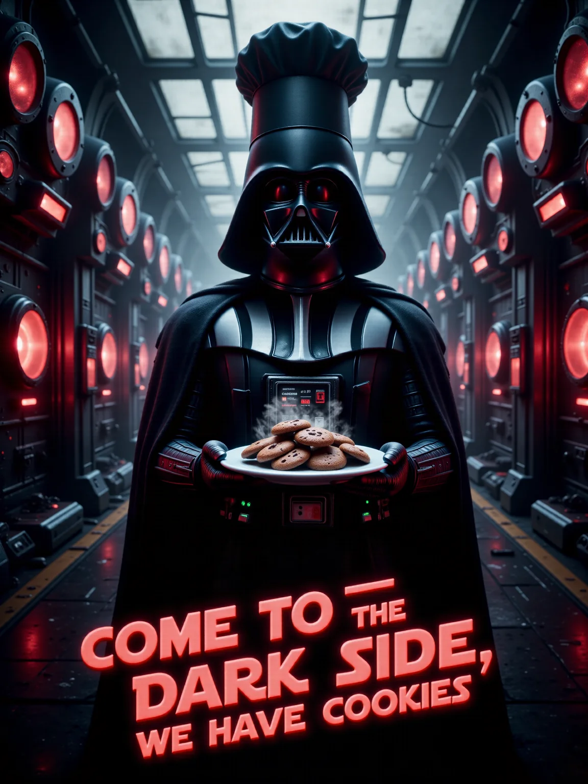 movie poster with the title text: "COME TO THE DARK SIDE, WE HAVE COOKIES" in a sci-fi-style 3d text, highly aesthetic, epic composition, low angle view, darth vader is facing the viewer, wearing a chef's hat above his iconic helmet, he is holding a plate of freshly baked chocolate cookies in front of him, the cookies are slightly steaming, as if they just came out of the oven, vader's imposing figure contrasts with the unexpected lightheartedness of the scene, in the background, the cold, industrial interior of the death star is visible, towering control panels flicker with glowing lights, the dark metallic walls and floors reflect the ominous atmosphere of the scene, the subtle red and black color scheme is used to enhance vader's menacing presence, deep shadows are cast across the reflective surfaces of the walls, emphasizing the sterile and foreboding nature of the death star, darth vader stands center stage, dominating the composition, his black cape billowing slightly behind him, darth vader's iconic mask is expressionless, but his body language is commanding, standing tall and proud, the camera angle is a dramatic low-angle shot, making vaderâs imposing figure loom larger than life, the plate of cookies is held at an angle that allows the viewer to see the steam rising, creating a sensory detail that invites the viewer into the scene, the cookies, though small compared to vader, become a crucial point of focus due to the angle and framing, adding to the surreal humor, the lighting is cinematic, with deep shadows cast across vader's figure and the surrounding environment, harsh light reflects off his helmet and chest plate, creating stark contrasts between light and dark, vader is bathed in a subtle red glow, evoking the dark sideâs signature color scheme, while the steam rising from the cookies adds a soft, warm light to the scene, rendered with meticulous attention to detail, the metallic textures of the death star and the glossy surface of vader's armor are depicted with precision, the red and black tones of the environment are enhanced by the atmospheric lighting, creating an intense, foreboding backdrop, the whimsical addition of the chefâs hat and cookies adds to the visual humor while maintaining the epic, cinematic feel of a star wars movie poster, aidmatextimprover, <lora:image_enhancer-flux-by_dever:0.8> <lora:text_improver-flux-by_aidma:0.6>