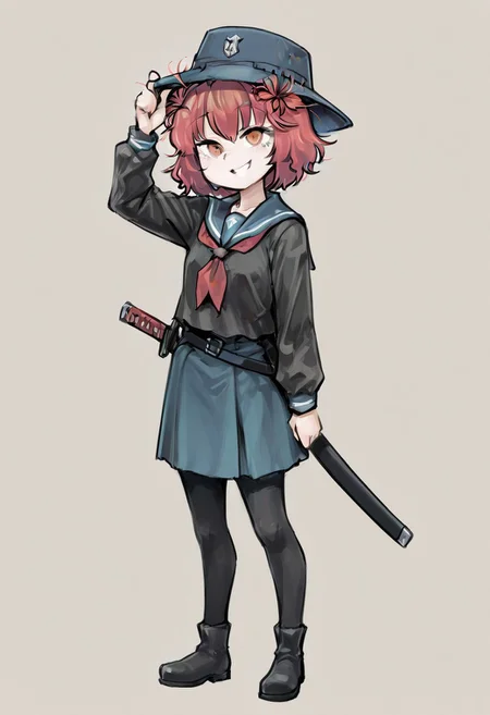 (V1 Temp), break, 1girl. solo, (medium height, pale red hair, orange eyes, short hair, wavy hair, (spider lily in hair), blue boonie hat, black tunic, sailor uniform, red neckerchief, blue skirt, tall blue wellies, black leggings, katana sheath), standing full body, smiling, tired eyes, hand on hat, simple background,