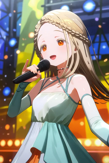score 9, score 8 up, score 7 up, rating explicit,
detailed background, upperbody, skinny,
orange eyes, detailed eyes, blonde hair, open mouth, singing,
hiro shinosawa, dress, holding microphone, dress, light smile
shiny skin,  <lora:cavour.pony:1>
