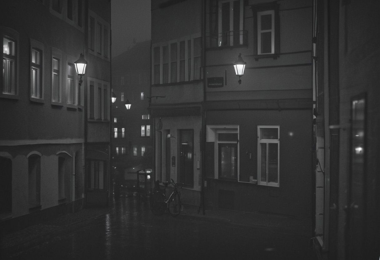 hasselblad, monochrome, instagram photo, in the picture you can see a german old town at night and fog. the streets are illuminated with streetlights and in the sky is the full mod