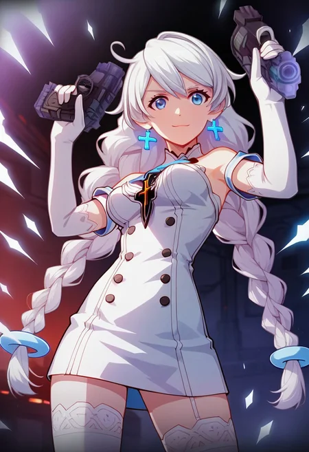 score_9,score_8_up,score_7_up,source_anime,Kiana Kaslana,1girl,solo,breasts,looking at viewer,smile,long sleeves,hair ornament,gloves,dress,thighhighs,holding,closed mouth,medium breasts,braid,weapon,elbow gloves,white gloves,holding weapon,twin braids,gun,cross,holding gun,handgun,dual wielding,aiming,short jumpsuit,