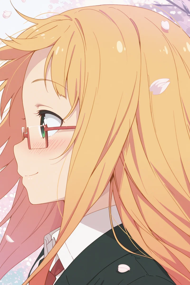 masterpiece, best quality, amazing quality,
<lora:Mitsuki_IL:1> mitsuki, 1girl, solo, glasses, long hair, blonde hair, smile, petals, green eyes, blush, school uniform, wind, profile, close-up, blazer