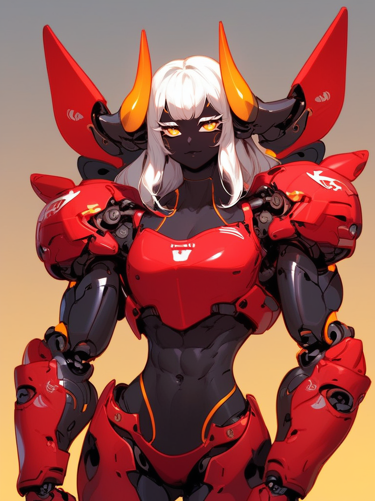 Score_9, score_8_up, score_7_up, score_6_up,  source_anime, 1girl, solo, upper body, BREAK, (snow mountains backdrop), godrays,, blurry backdrop, BREAK, sc-fi, monster girl, mecha oni woman, BREAK, orange glowing parts, mechanical joints, (red armor), BREAK, white hair, horns, glowing eyes, black skin,  robot abs,  wide hips, breast armor, glowing core,  <lora:Wild_Mecha_Mix:1> BREAK, Expressiveh,<lora:Expressive_H:0.9>,OverallDetail,  BREAK, white eyelashes, lower white eyelashes, BREAK, glowing tattoos, oversiczed shoulder pad
